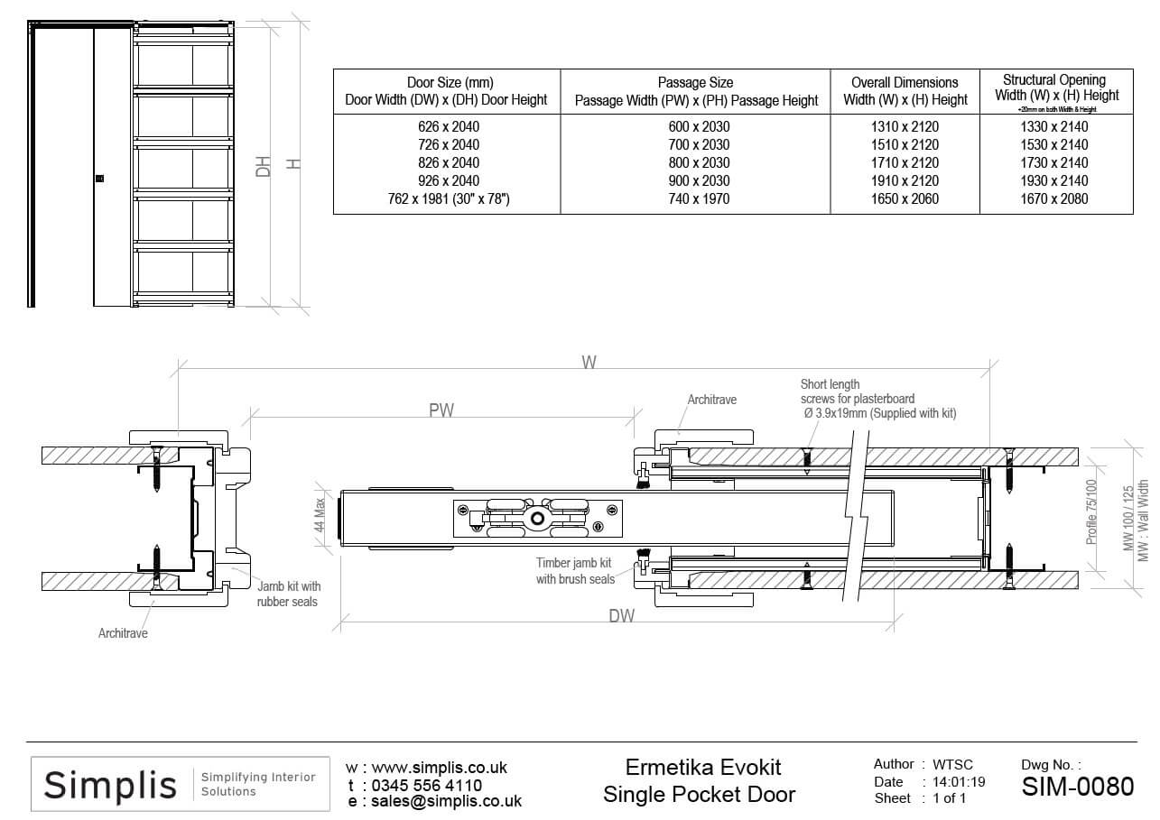 Ermetika Evokit Single Pocket Door Technical Drawing